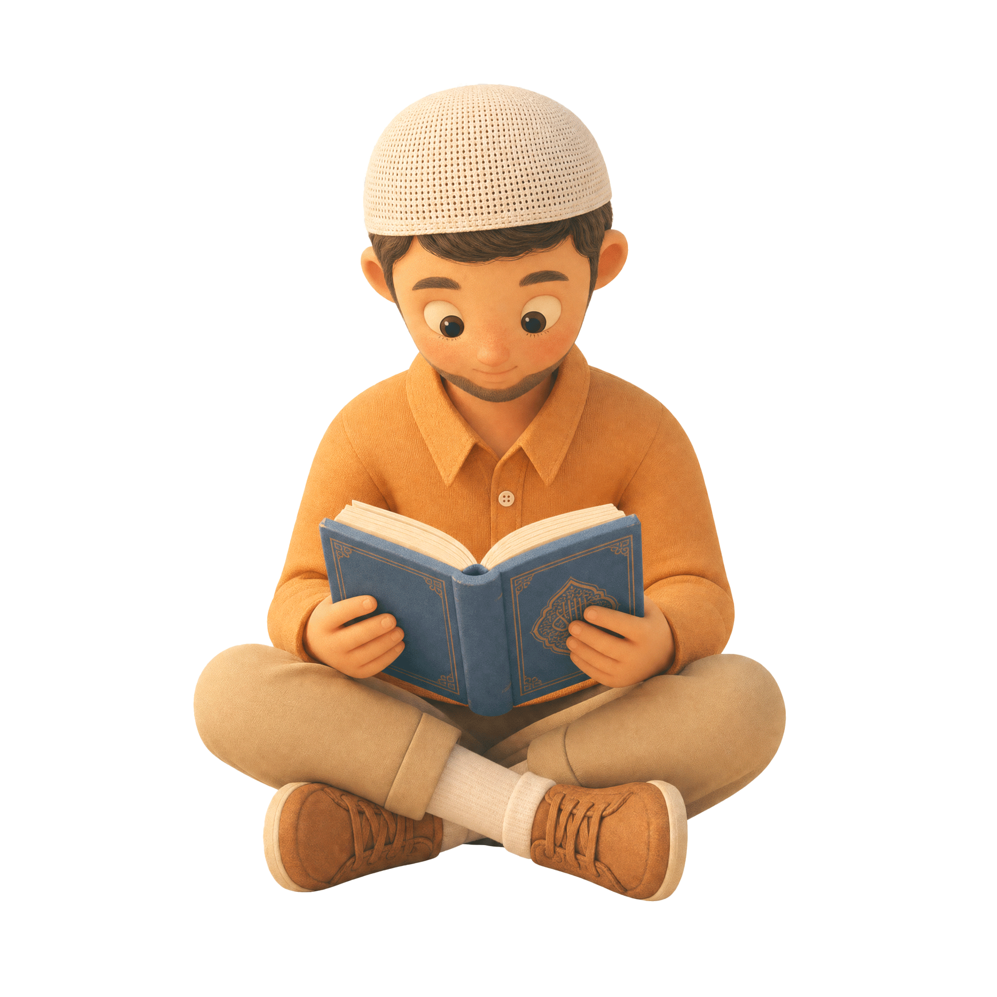 Junge liest konzentriert und freudig im Quran
