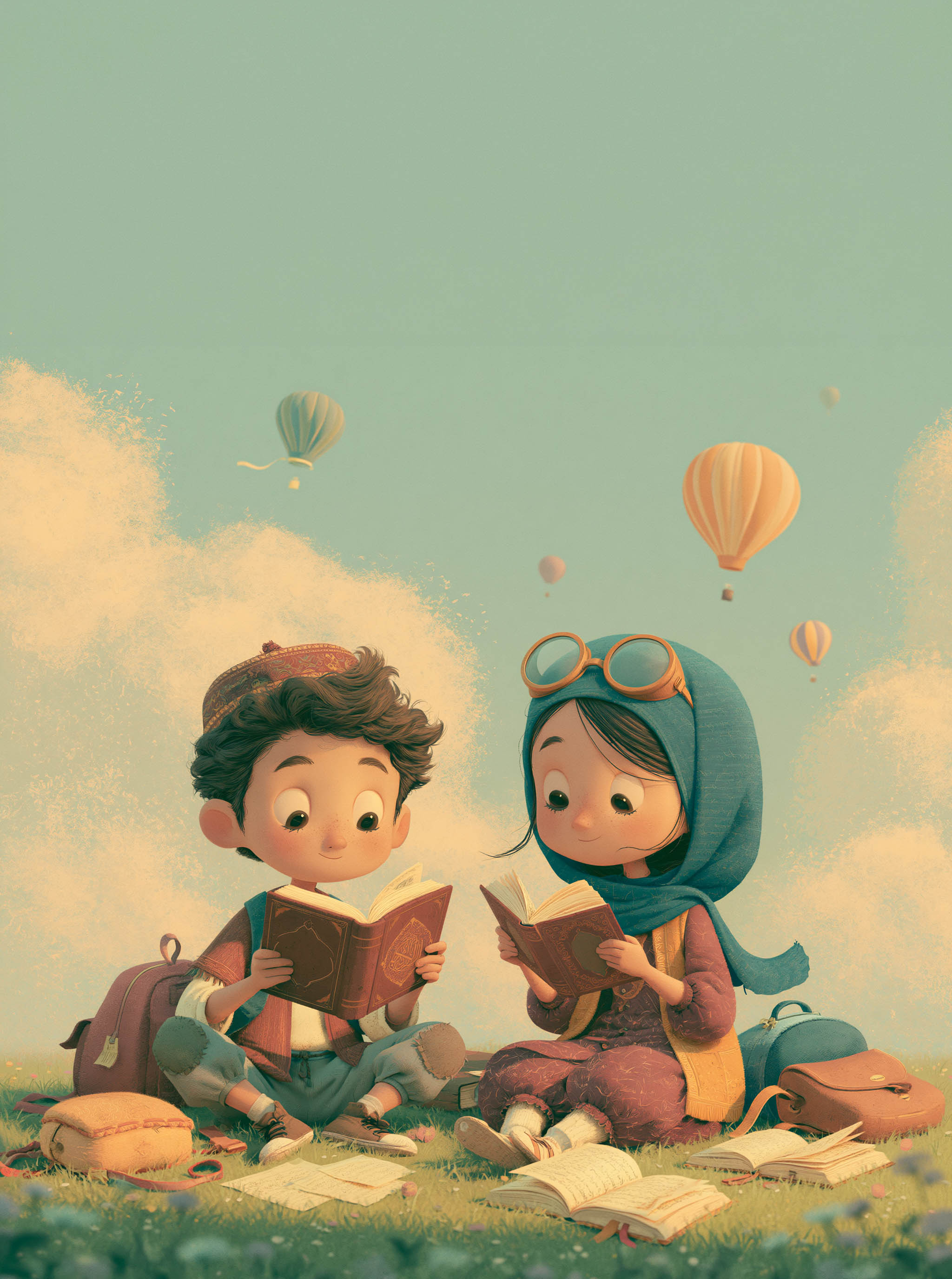 Zwei Kinder lesen fröhlich gemeinsam den Quran auf einer Blumenwiese mit Heißluftballons am Himmel